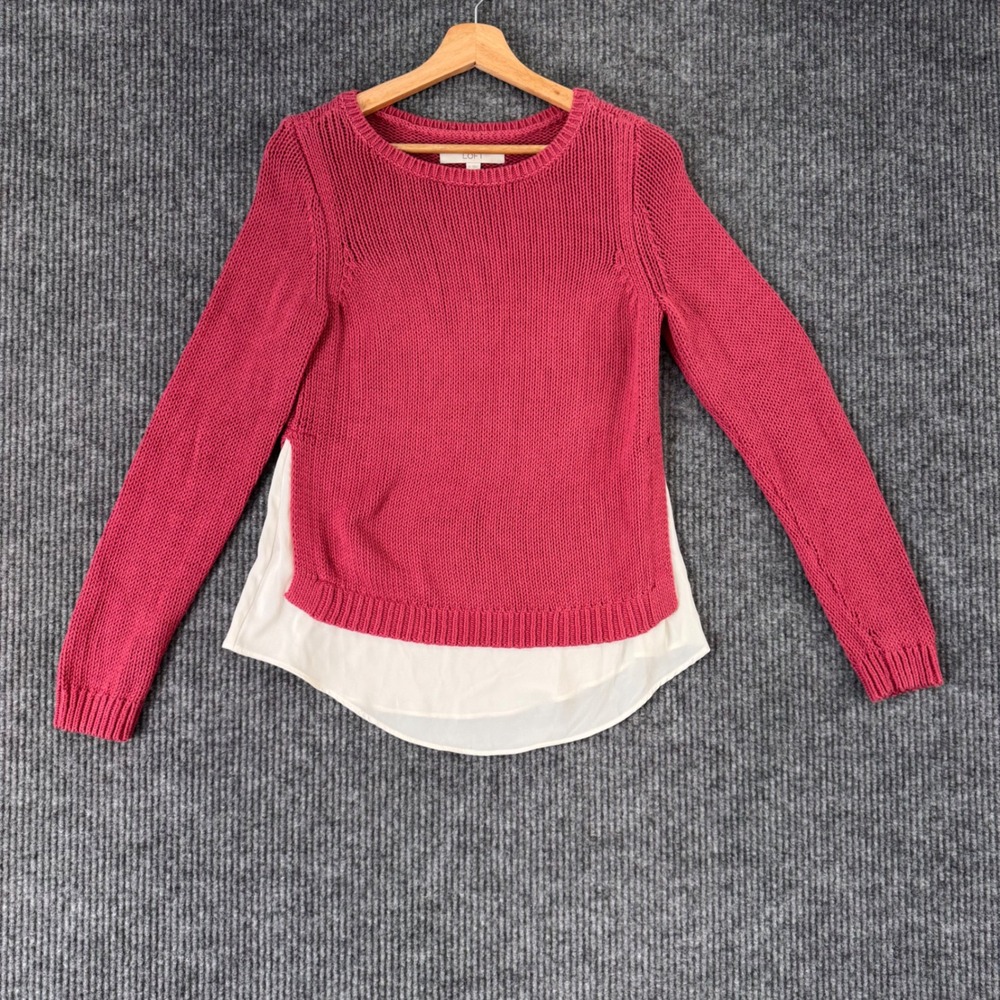 LOFT Womens S Pink Knit Sweater Chiffon Hem Long Sleeve Preppy Feminine Chic